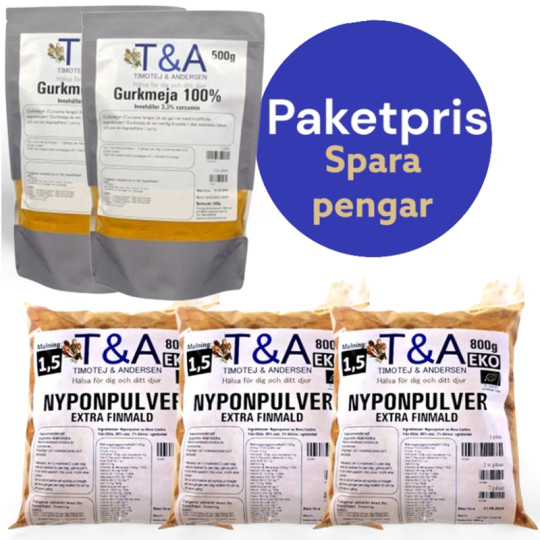 Paketpris 2x500g gurkmeja +3x800g nyponpulver (1,5:an)